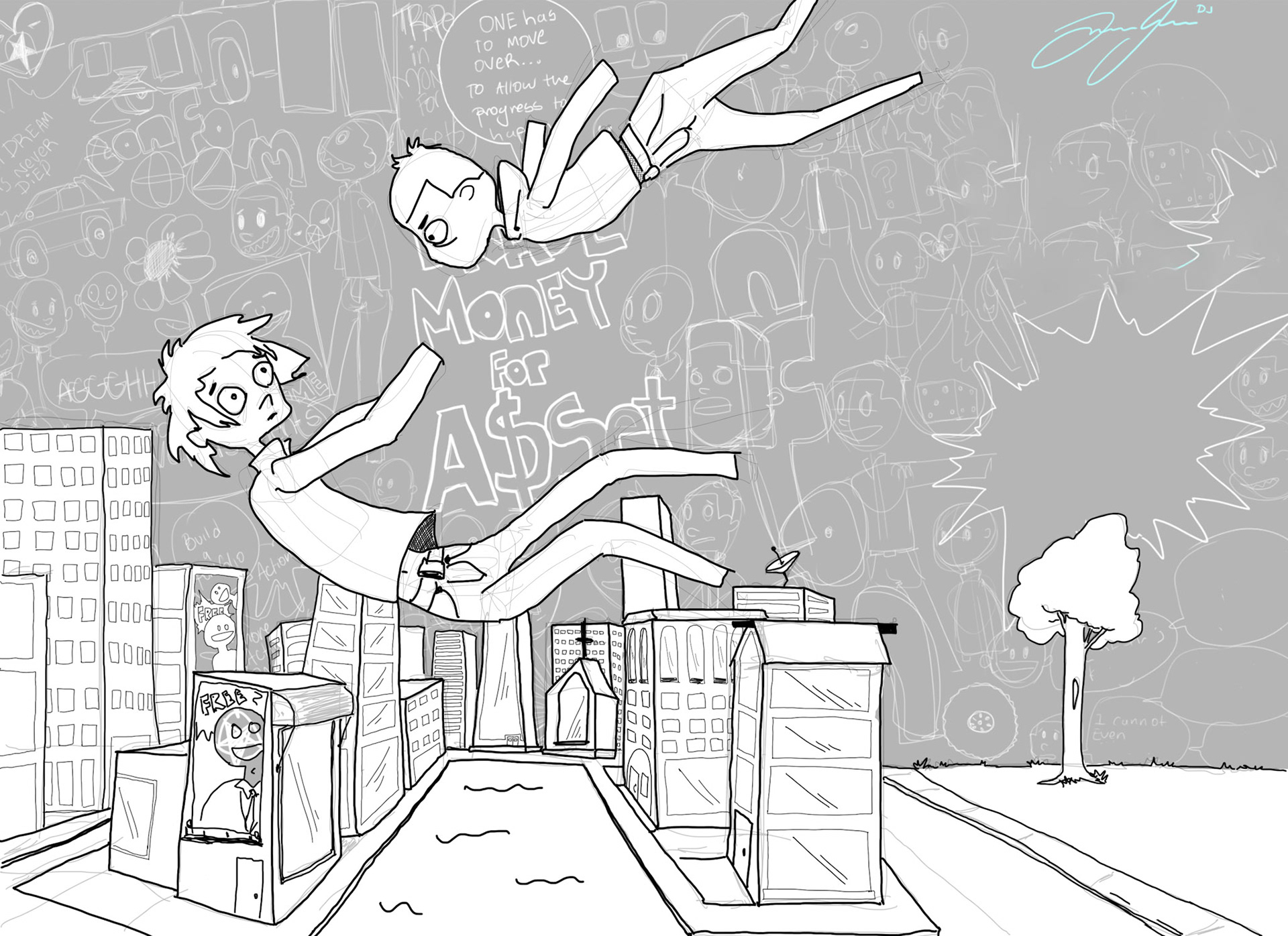 Action scene — two figures flying over the city