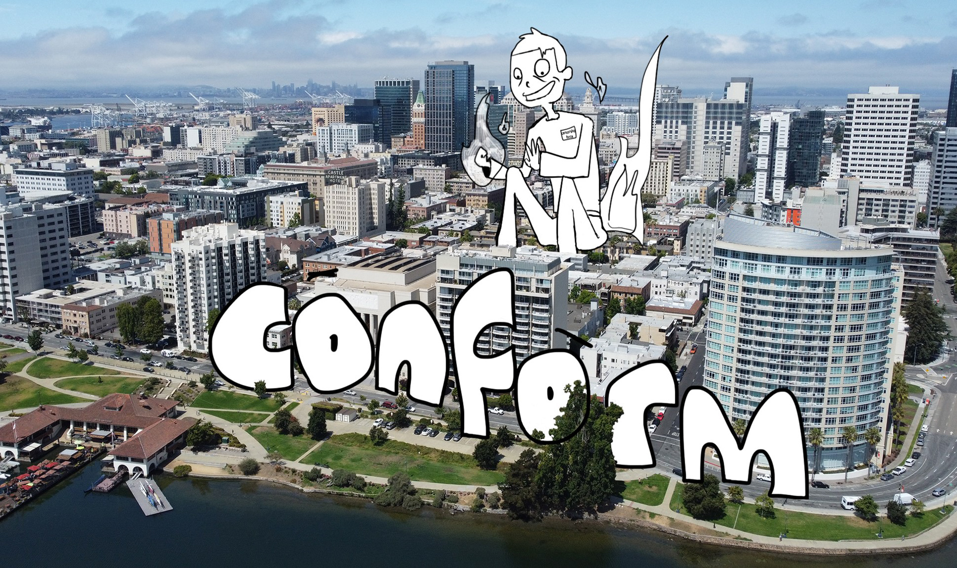 Conform — city skyline with the hand-drawn hero standing above it