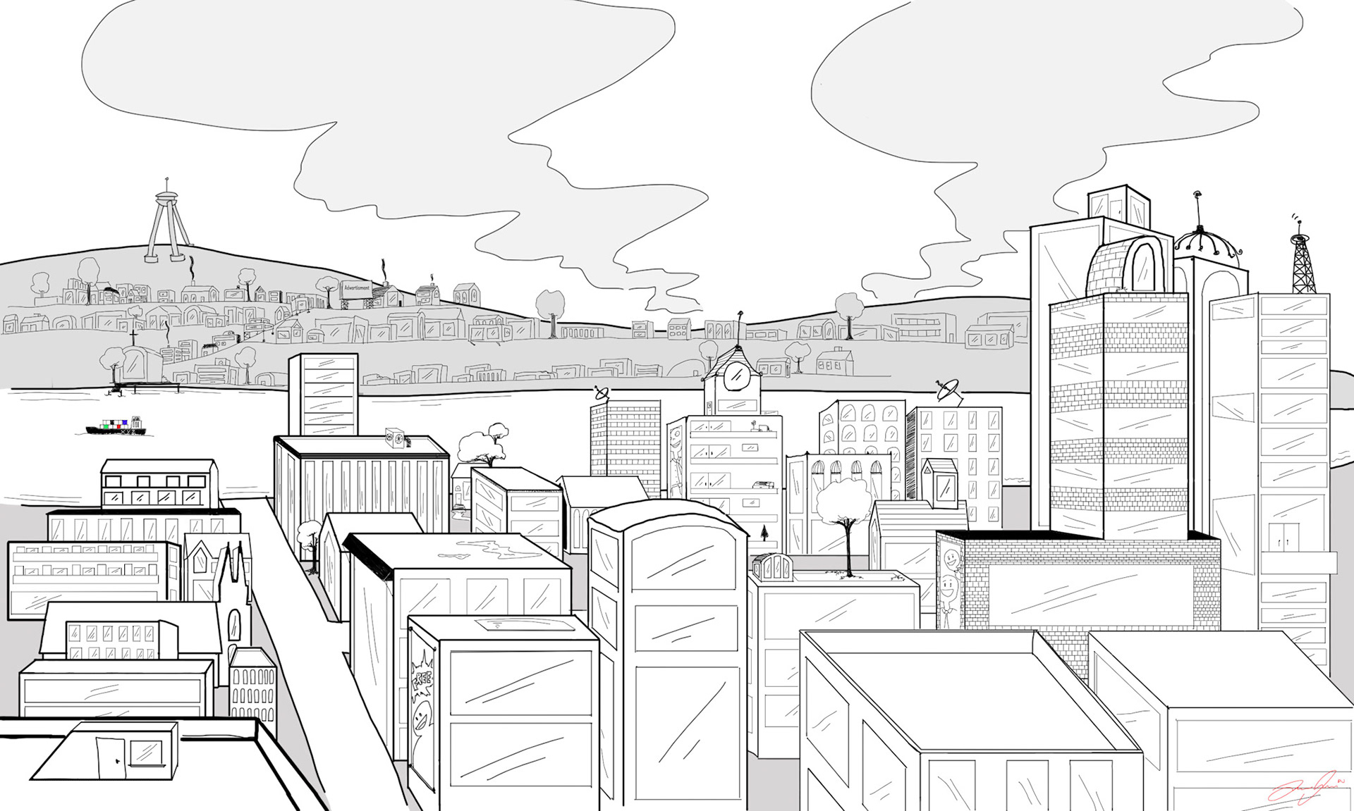Hand-drawn cityscape illustration